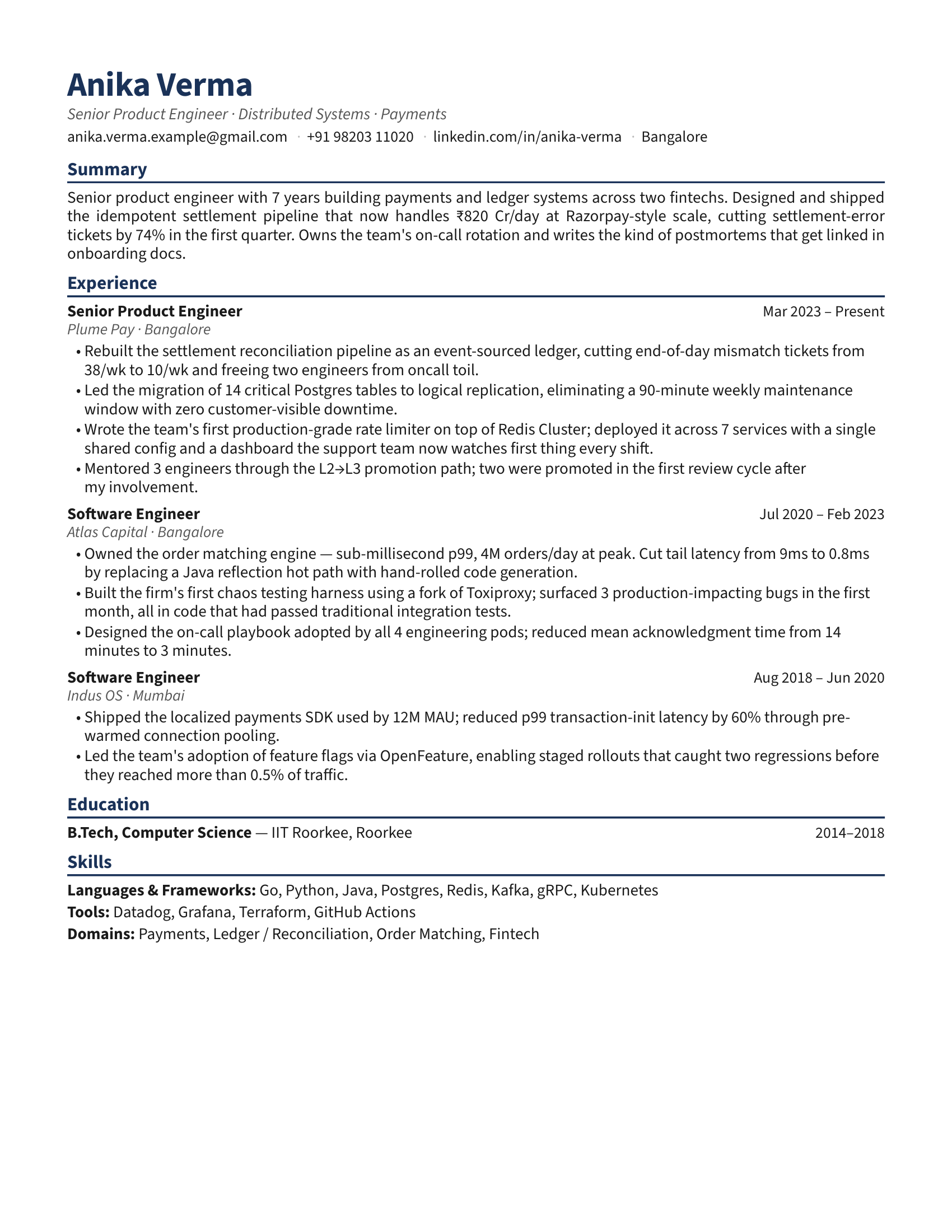 Sample polished resume — Anika Verma, Senior Product Engineer